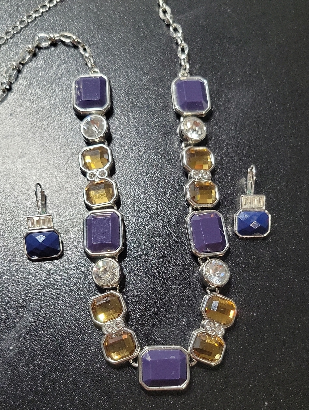 Women’s Statement Necklace and Earring Set in Purple, Blue.